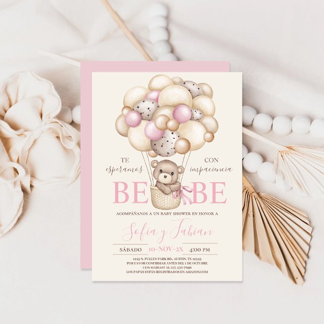 Bear Balloons Baby shower Girl Espagnol Invitation (Créateur téléchargé)