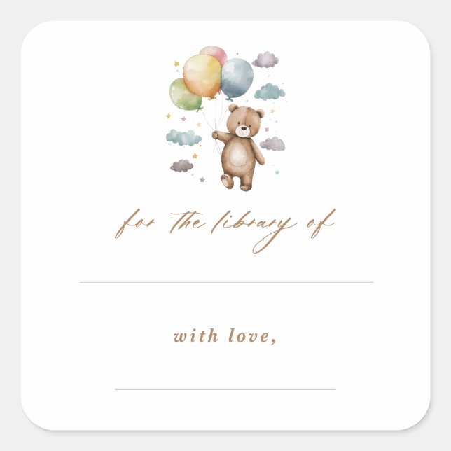 Bear & Balloons Baby Shower Library Bookplates Square Sticker (Front)