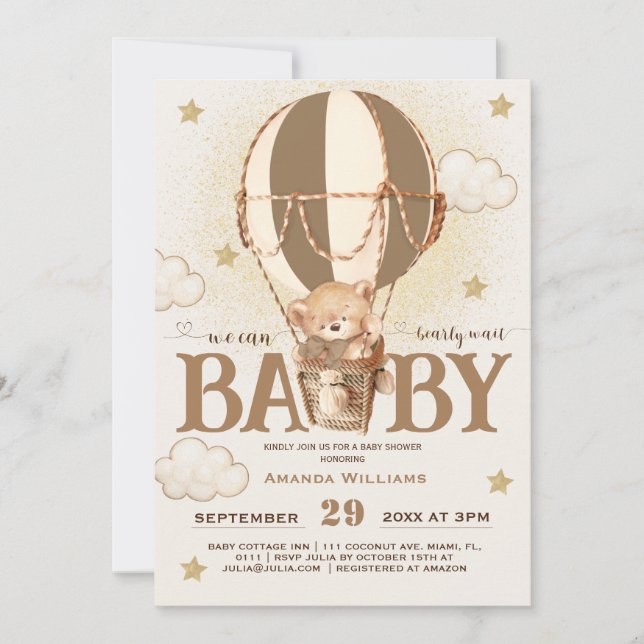 Bear Balloons Bearly Wait Baby Shower  Invitation (Front)
