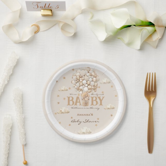 Bear Balloons Bearly Wait Gold Baby Shower Paper Plate (Wedding)