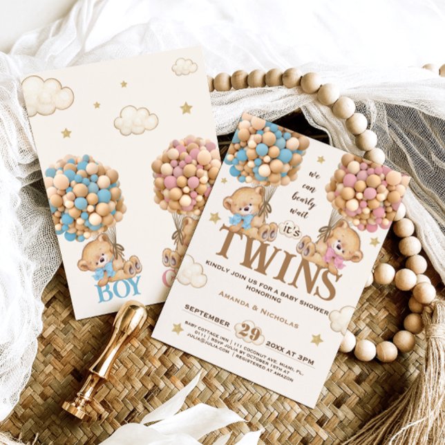 Bear Balloons Bearly Wait Twins baby shower Invitation (Creator Uploaded)