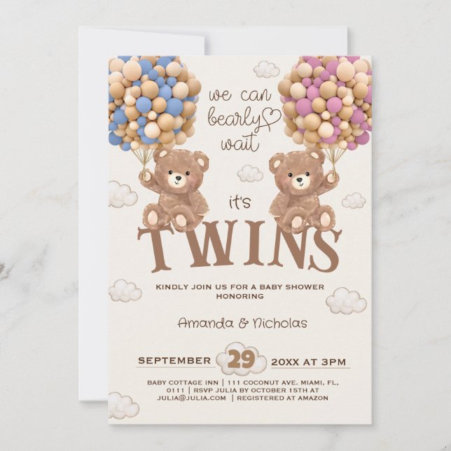 Bear Balloons Bearly Wait Twins baby shower Invitation (Front)