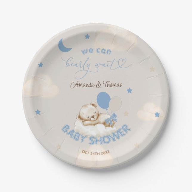 Bear Balloons Blue Baby Shower Paper Plate (Front)
