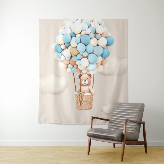 Bear Balloons Blue Virtual Shower Backdrop Tapestry (In Situ)