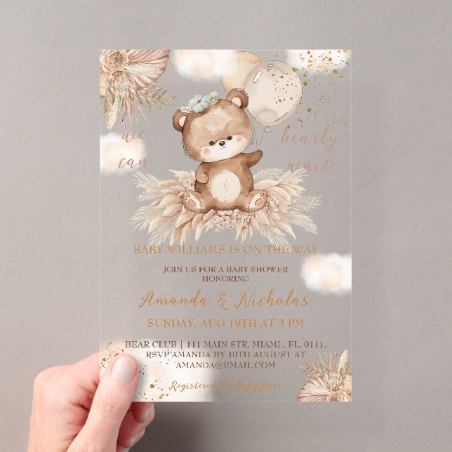 Bear Balloons Boho Baby Shower Acrylic Invitations (Insitu (Handheld))
