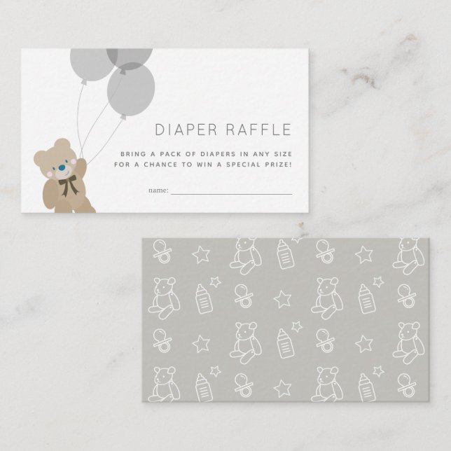 Bear & Balloons Grey Diaper Raffle Ticket Enclosure Card (Front/Back)