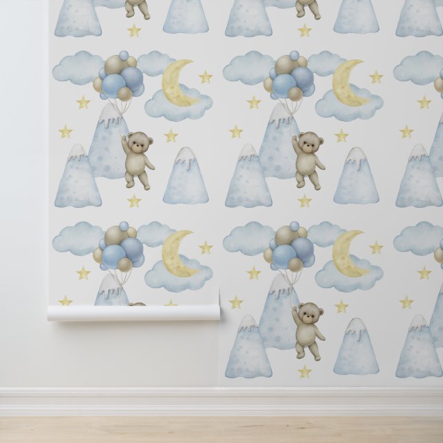 Bear Balloons Mountains Moon Star Clouds Baby Boy  Wallpaper (Application)