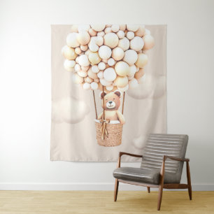 Bear Balloons Neutral Virtual Shower Backdrop Tapestry