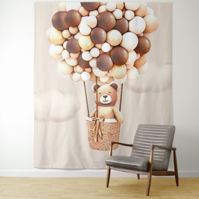 Bear Balloons Neutral Virtual Shower Backdrop Tapestry (In Situ)