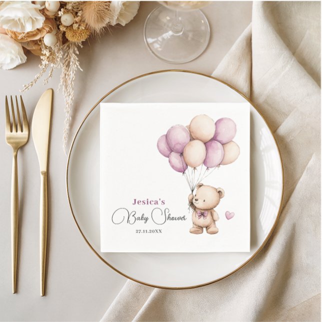 Bear Balloons Pastel Purple Baby Shower Napkin (Creator Uploaded)