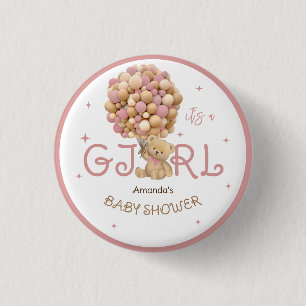 Bear Balloons Pink Baby Shower Favour 1 Inch Round Button