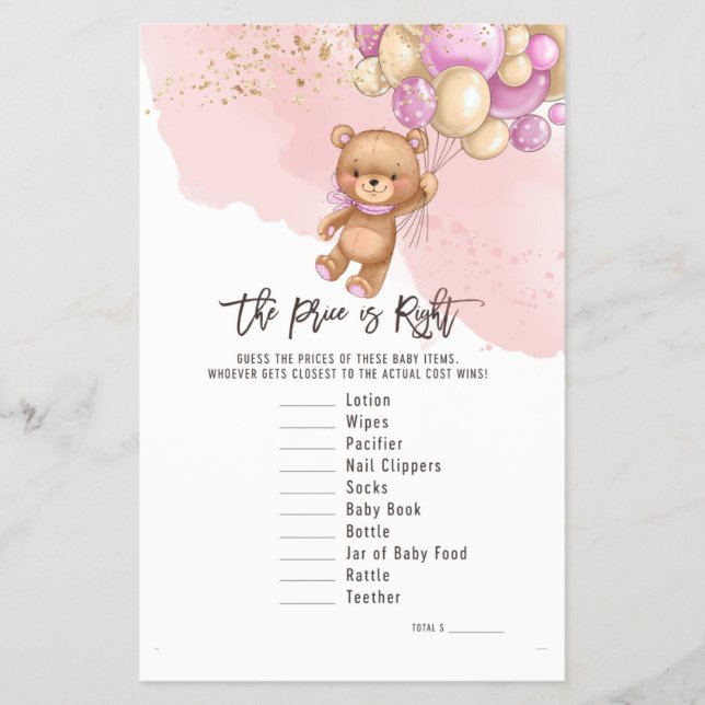  Bear Balloons  Right Price | Baby Shower Game Flyer (Front)