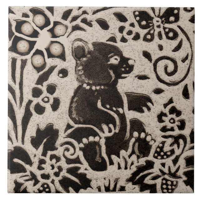 Bear Batik Stoneware Woodland Animal Tan Grey Tile (Front)