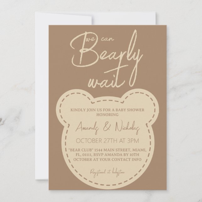 Bear Bearly Wait Modern Ivory Brown Baby Shower Invitation (Front)