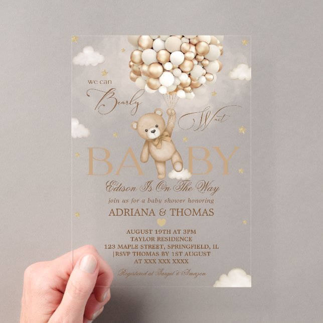 Bear Bearly Wait Neutral Gold Baby Shower Acrylic Invitations (Insitu (Handheld))