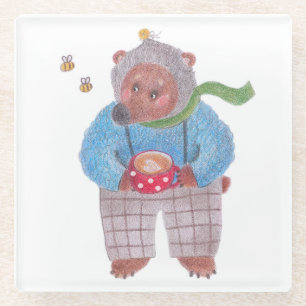 Bear, bees and cappuccino glass coaster