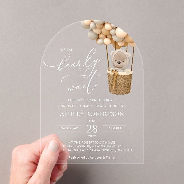 Bear, Beige Balloons, Hot Air Balloon, Baby Shower Acrylic Invitations (Insitu (Handheld))