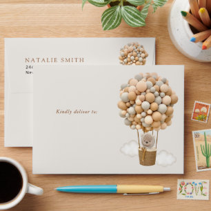 Bear, Beige Balloons, Hot Air Balloon, Baby Shower Envelope