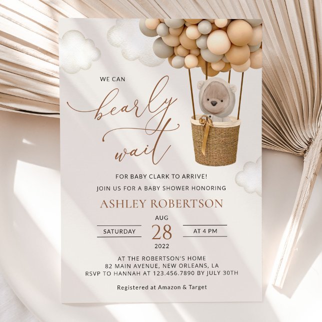 Bear, Beige Balloons, Hot Air Balloon, Baby Shower Invitation (Creator Uploaded)