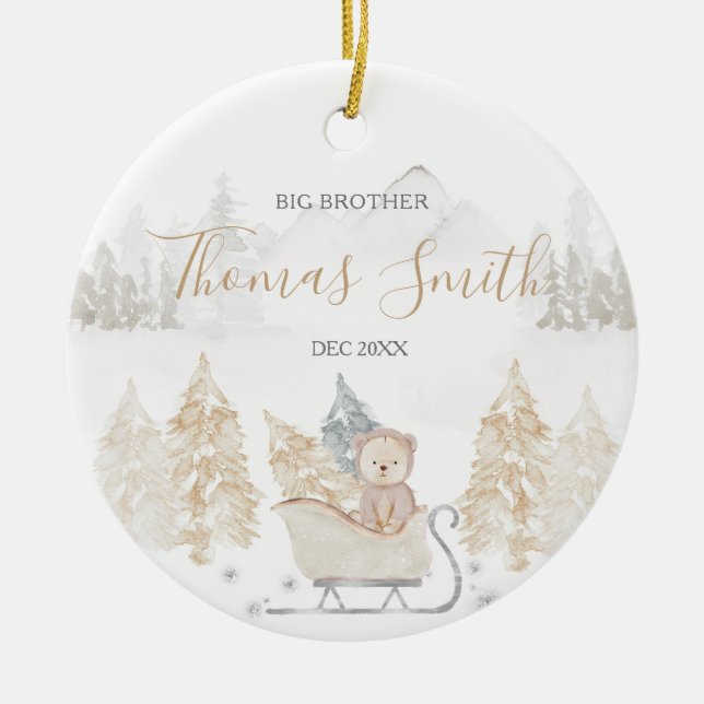 Bear Big Brother Winter Woodland Mountain Ceramic  Ceramic Ornament (Front)