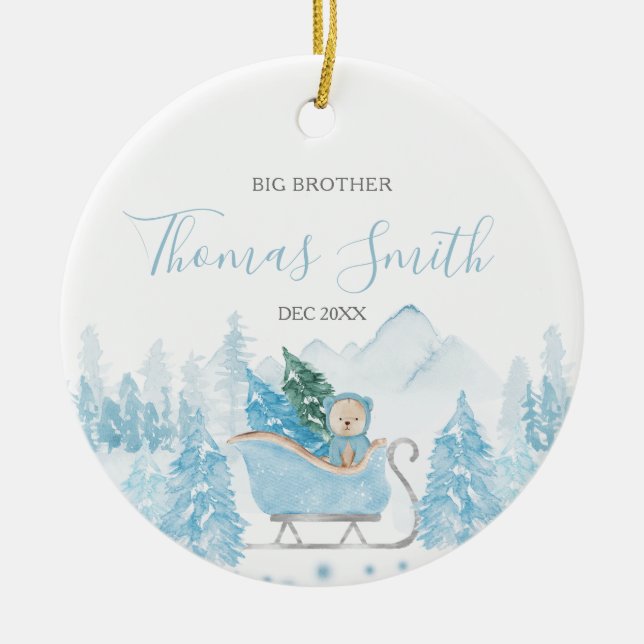 Bear Big Brother Winter Woodland Mountain Ceramic Ornament (Front)