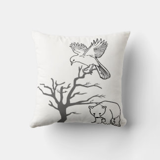 Bear, Bird, and Bare Tree Nature Scene Throw Pillow