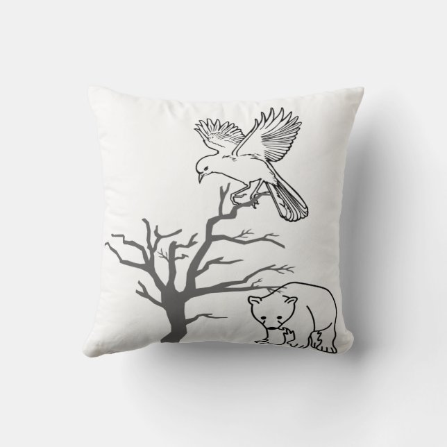 Bear, Bird, and Bare Tree Nature Scene Throw Pillow (Back)