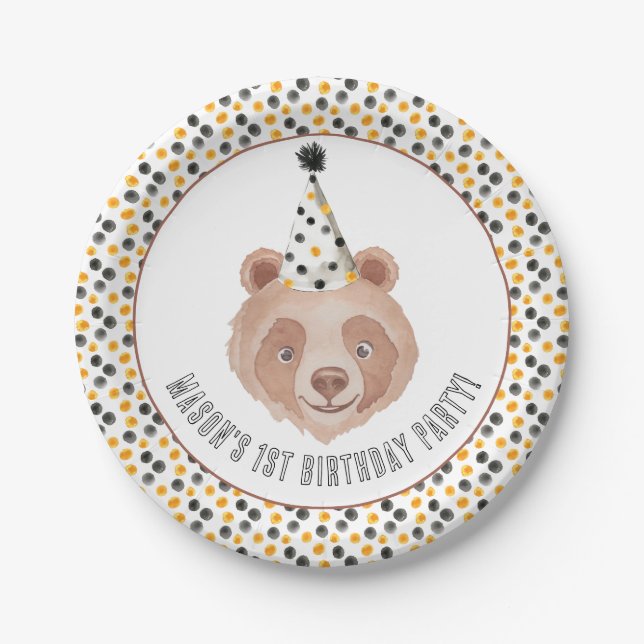 Bear Birthday Party Paper Plates Watercolor Teddy (Front)