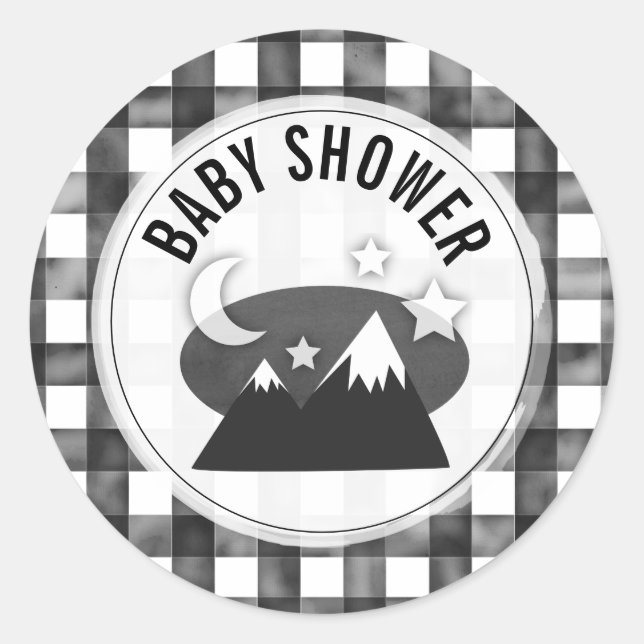 Bear Black And White Gingham Mountains Baby Shower Classic Round Sticker (Front)