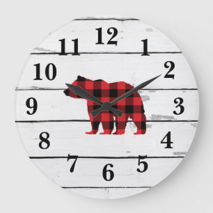 Bear Black Silhouette Shiplap Buffalo Check Large Clock