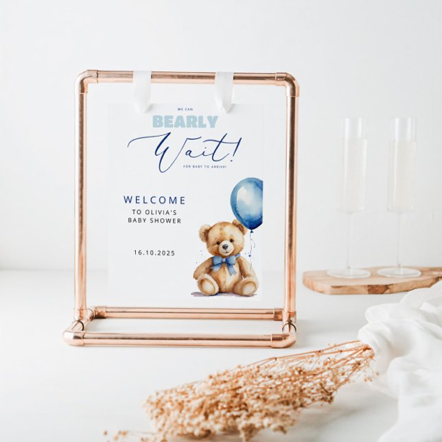 Bear Blue Balloon Boy Baby Shower Welcome Poster (Creator Uploaded)