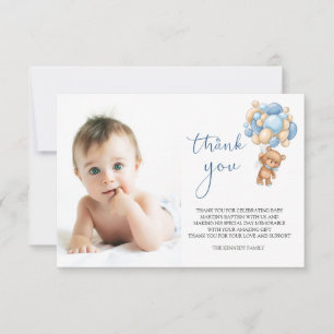 Bear Blue Balloons Baby Photo Carte de remerciemen