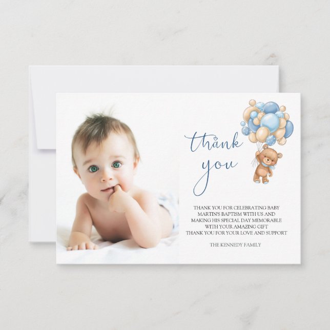 Bear Blue Balloons Baby Photo Thank You Card (Front)