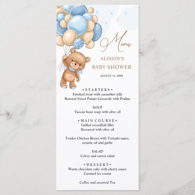 Bear Blue Balloons Baby Shower Menu (Front)