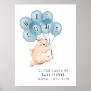 Bear Blue Balloons Boy Baby Shower Welcome Sign