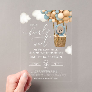 Bear, Blue Balloons, Hot Air Balloon, Baby Shower Acrylic Invitations