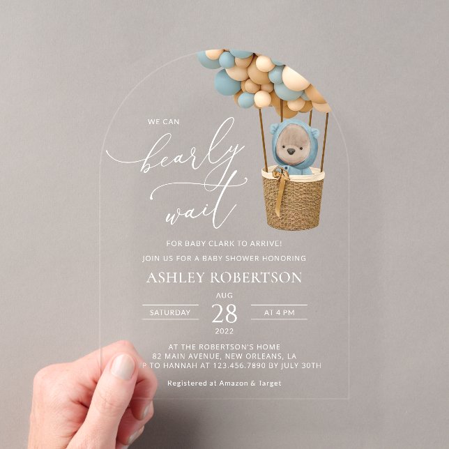 Bear, Blue Balloons, Hot Air Balloon, Baby Shower Acrylic Invitations (Insitu (Handheld))