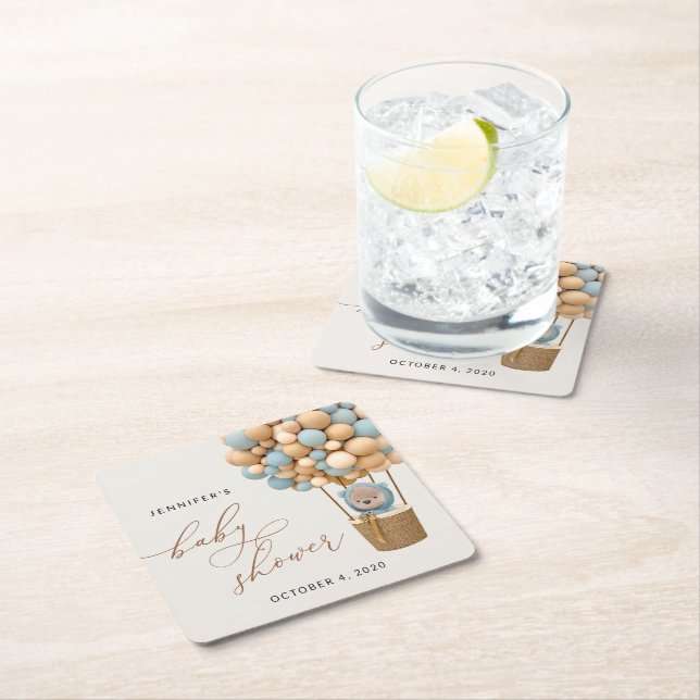 Bear, Blue Balloons, Hot Air Balloon, Baby Shower Square Paper Coaster (Insitu)