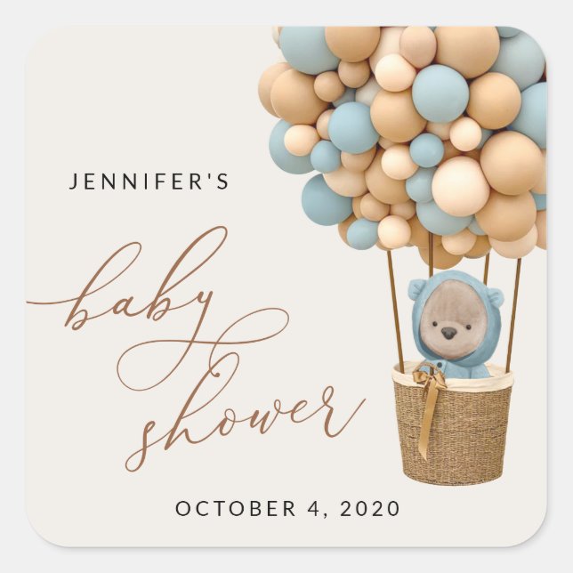 Bear, Blue Balloons, Hot Air Balloon, Baby Shower Square Sticker (Front)