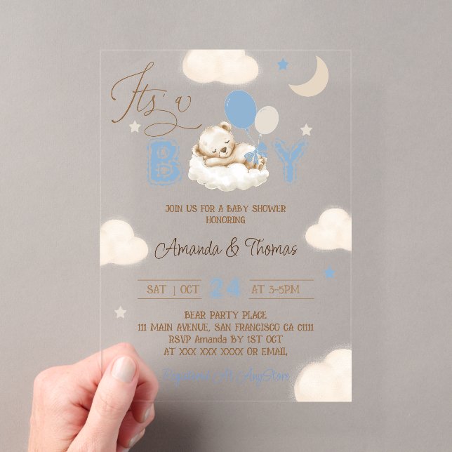 Bear Blue Boy Baby Shower Acrylic Invitations (Insitu (Handheld))