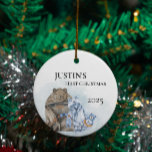 Bear Blue Boy Clothes Watercolor First Christmas Ceramic Ornament<br><div class="desc">This design may be personalized in the area provided by changing the photo and/or text. Or it can be customized by clicking Personalize this Template and then choosing the click to customize further option and delete or change the colour of the background, add text, change the text colour or style,...</div>