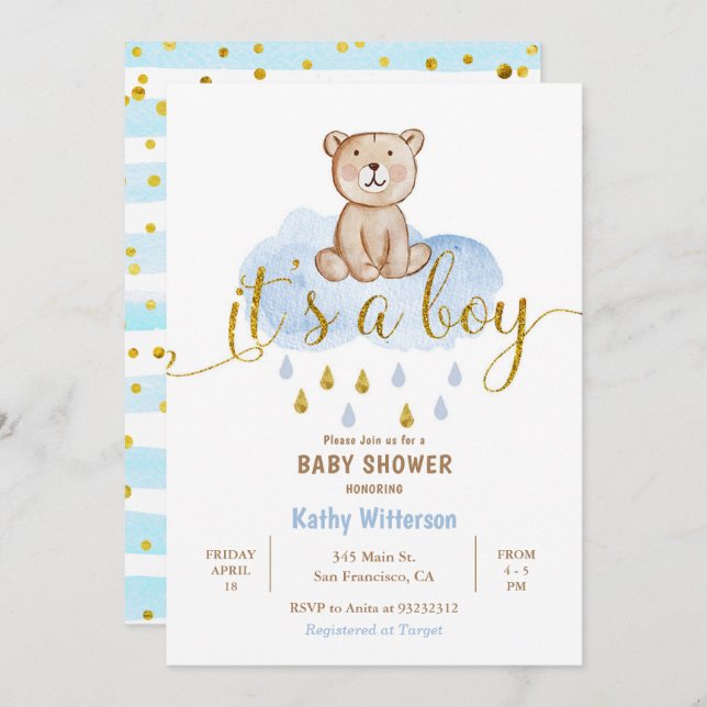 Bear Blue Cloud Baby Shower Invitation (Front/Back)