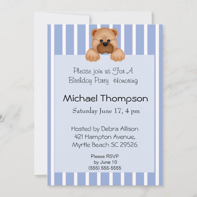 Bear Blue Stripe Invitations Anniversaire (Devant)