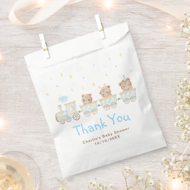 Bear Blue Train Baby Shower Thank You Favour Bag (Clipped)