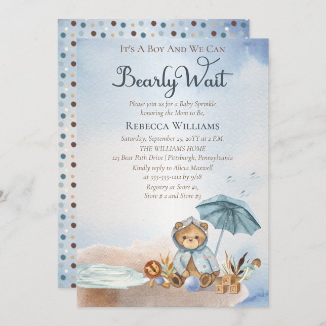 Bear | Blue Umbrella Bearly Wait Boy Baby Sprinkle Invitation (Front/Back)