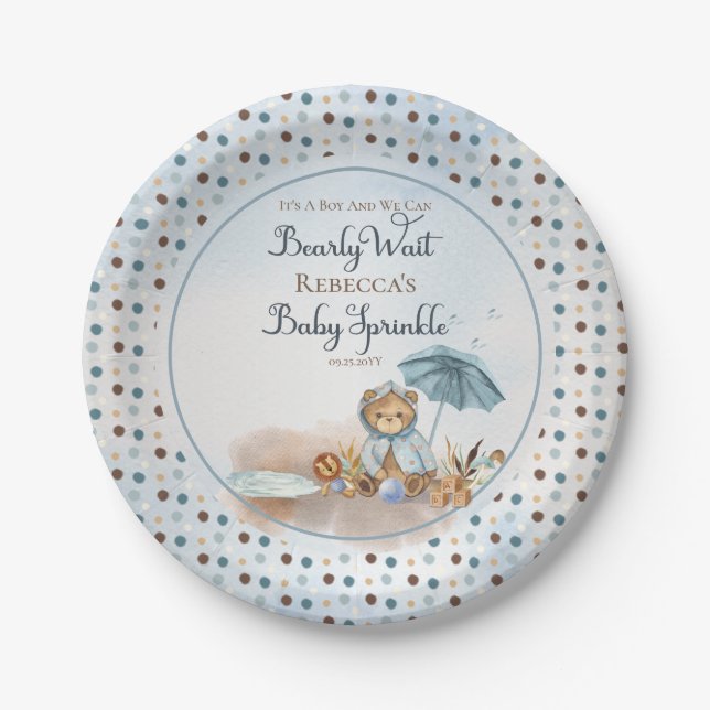 Bear | Blue Umbrella Bearly Wait Boy Baby Sprinkle Paper Plate (Front)
