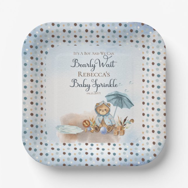 Bear | Blue Umbrella Bearly Wait Boy Baby Sprinkle Paper Plate (Front)