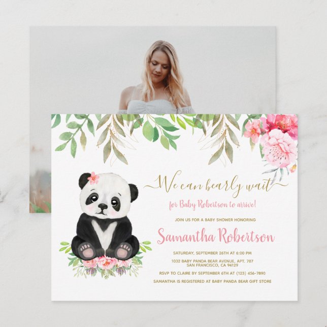 Bear Blush Pink Rose Floral Girl Baby Shower Invitation Postcard (Front/Back)