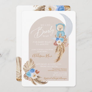 Bear Boho Blue Floral Baby Boy Shower Invitation