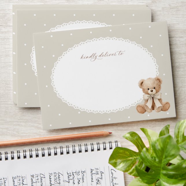 Bear, Bow, Beige Polka Dots, Baby Shower Envelope (Stacked)